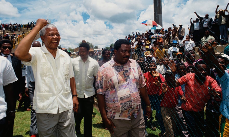 Nelson Mandela campaigns at a rally before the first democratic elections in South Africa 1994